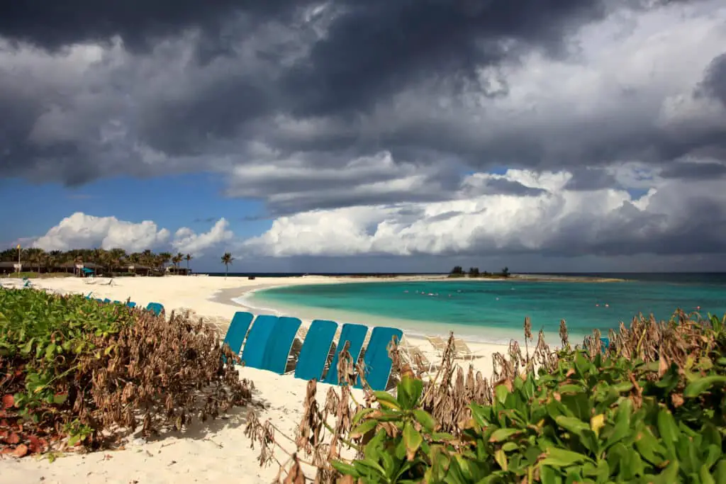 Bahamian beach with rain clouds looming